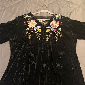 Johnny Was Embroidered Black Velvet Dress